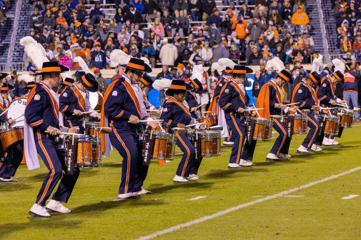 UVA Drumline performing at the 2021 football game vs. Notre Dame. (Photo Credit: Tom Pajewski)