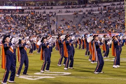 Members of the CMB perform in the "Rhythm of the Night" halftime show at the Sept. 24 home game versus Wake Forest. (Photo: Tom Pajewski)