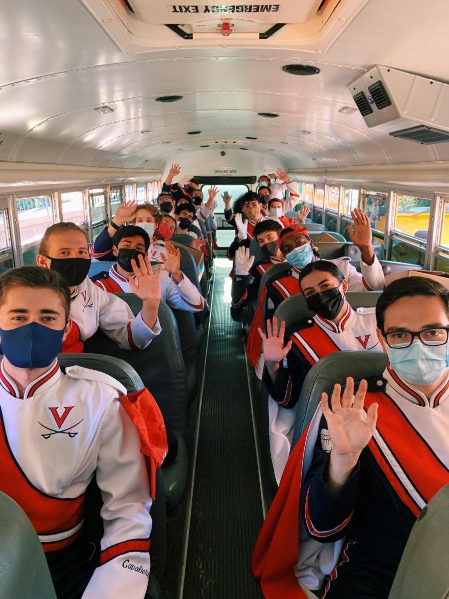 Members of the CMB saxophone section on a game day bus ride to Slaughter Recreation Center (Photo Credit: Tom Pajewski)